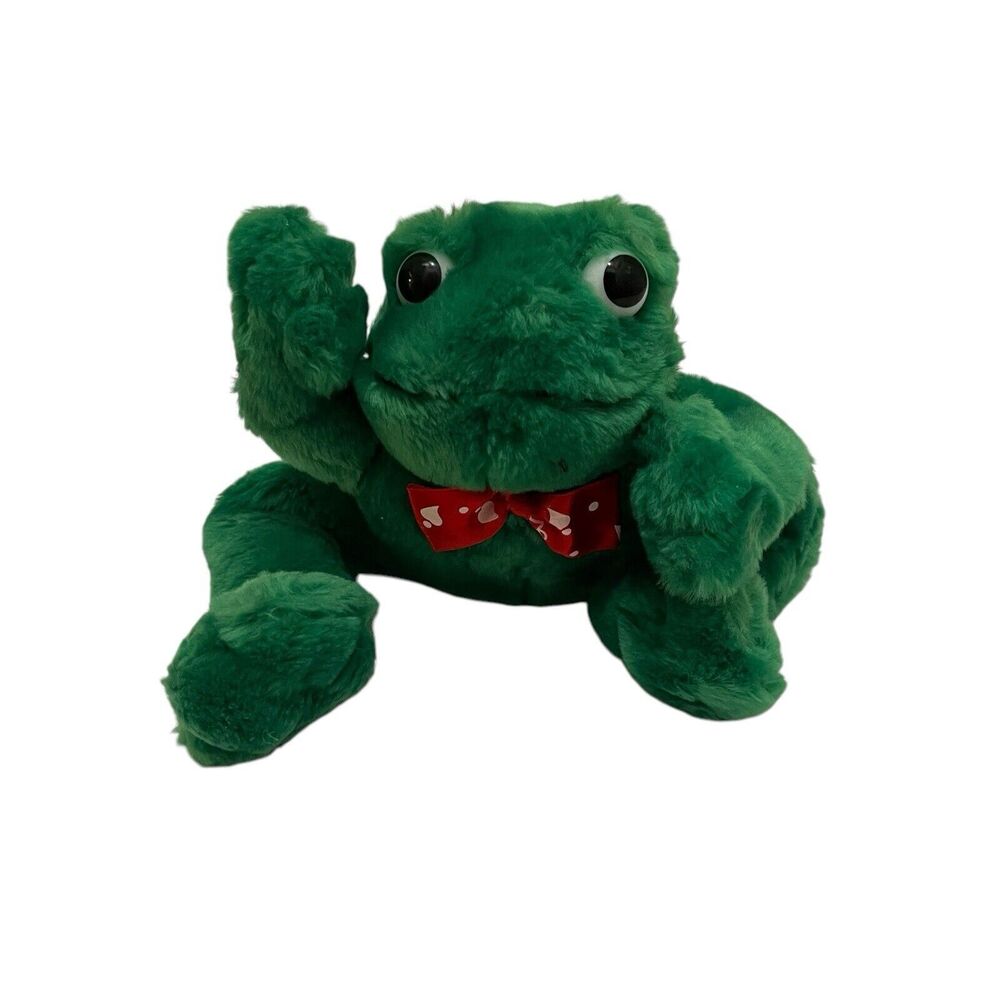 Vintage Main Joy Leaping Heart Love Collar Green Frog Plush Stuffed Animal 6"